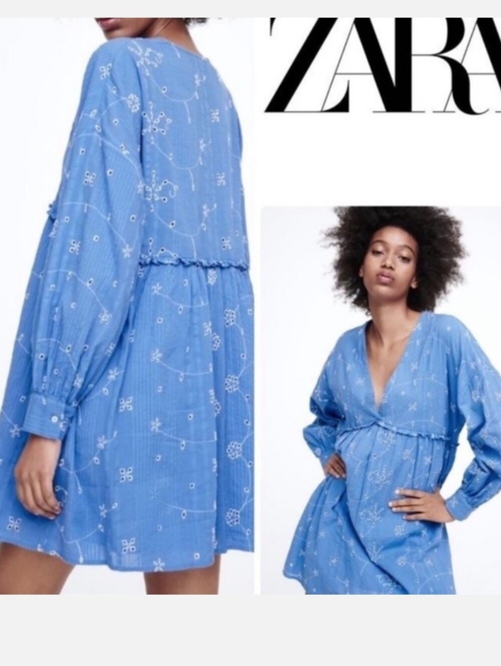 Zara Blue Embroidered V-Neck Mini Dress